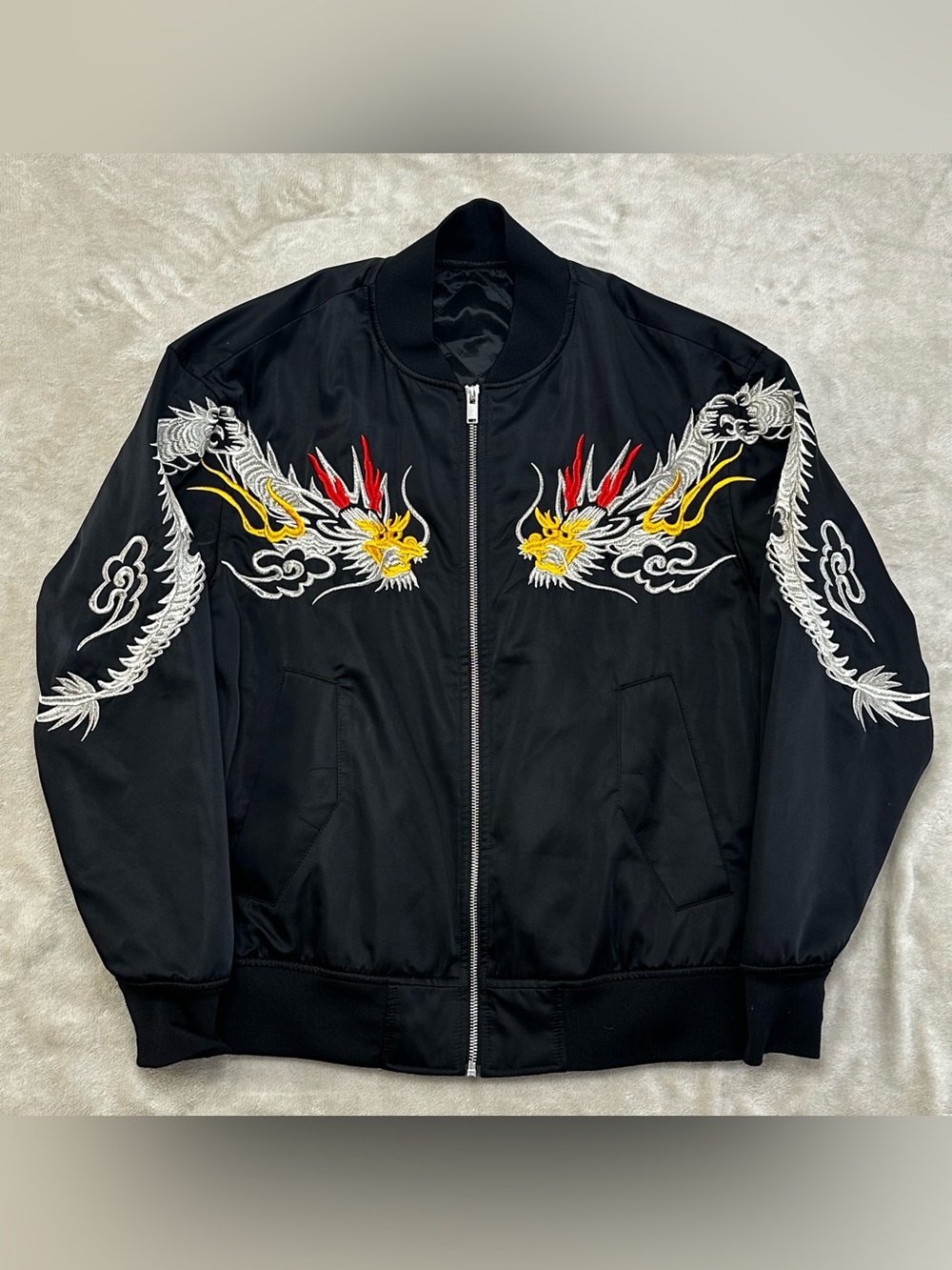 TRENDIANO Embroidered Dragon Sukajan Bomber Jacket Black Mens S